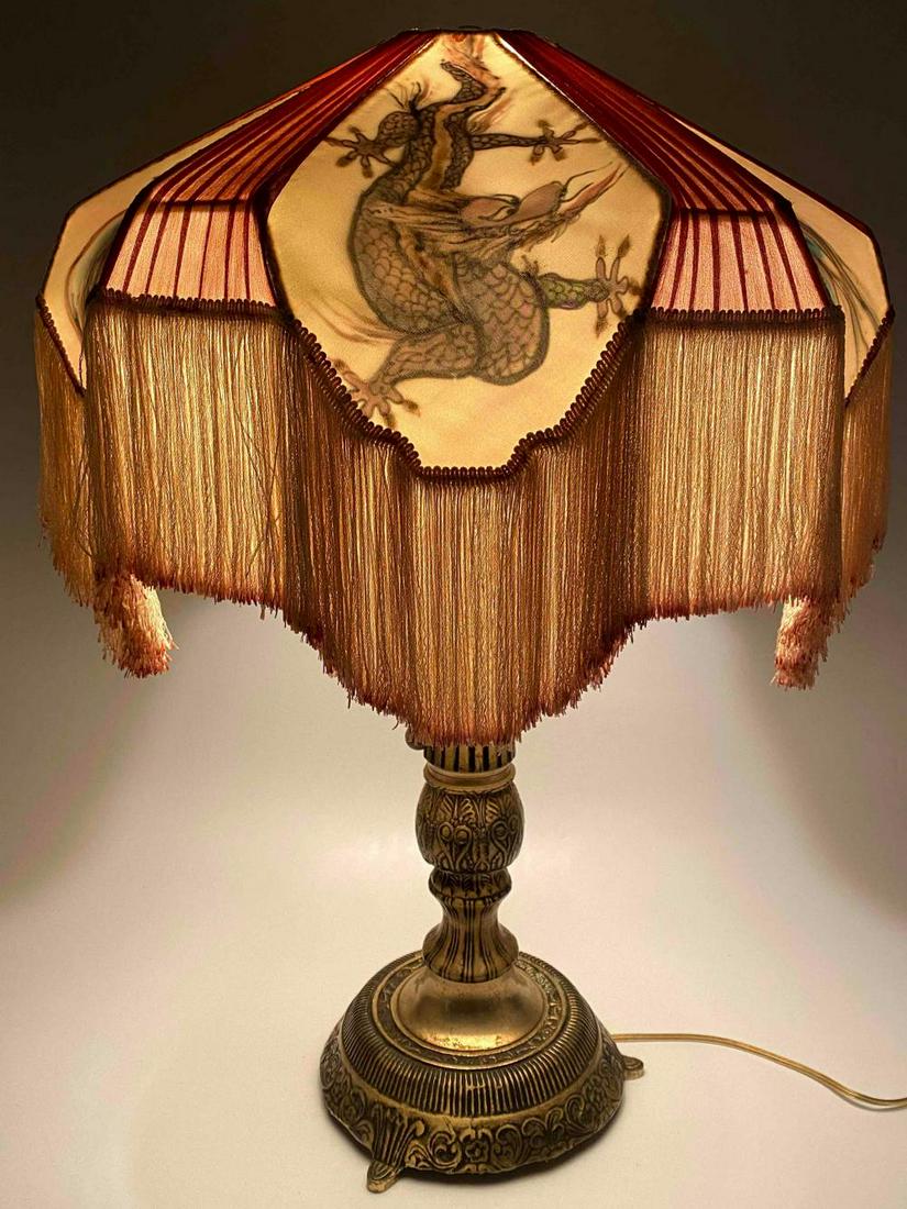 Vintage Brass Lamp With Airbrushed Dragon & Phoenix Silk Shade (1 of 20)