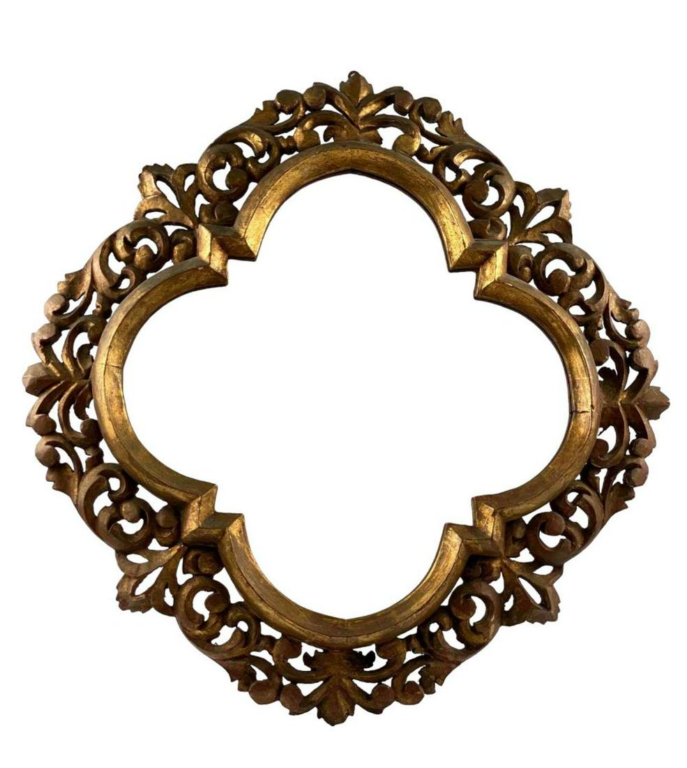 Quatrefoil Giltwood Wall Mirror: Hand Carved Gilt Mirror. Approximately 25.5L x 25.75W x 2.0D in.