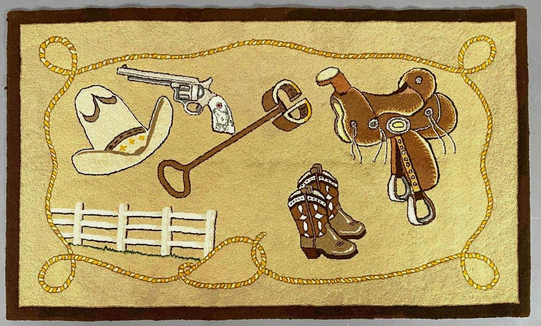 American Hooked Rug Folk Art With Cowboy Western Theme: American Hooked Rug Folk Art With Cowboy Western Theme. Excellent Condition With Rare Subject, Circa 1940-1950, The Era of Roy Rodgers and Hollywood Westerns. Design Inlcudes Branding Iron, Saddle, Co