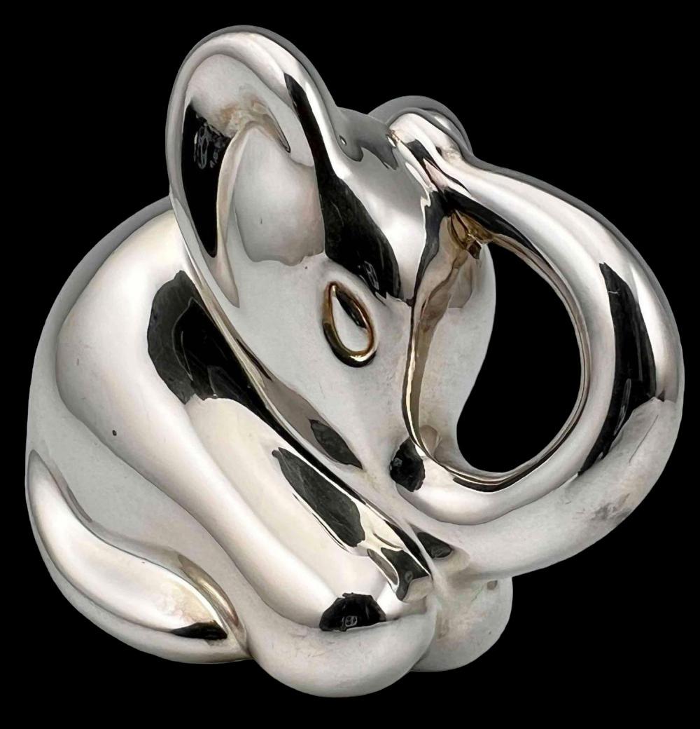 Italian Sterling Silver Modernist Elephant: Italian Modern Sterling Silver Elephant Figure, Possibly a Baby Rattle, 49.2g. Marked 925, Italy. Approximately 2.5H x 3.0W x 1.25D in. ALL CREDIT CARDS WILL BE MANUALLY VERIFIED PRIOR TO SHIPMENT.