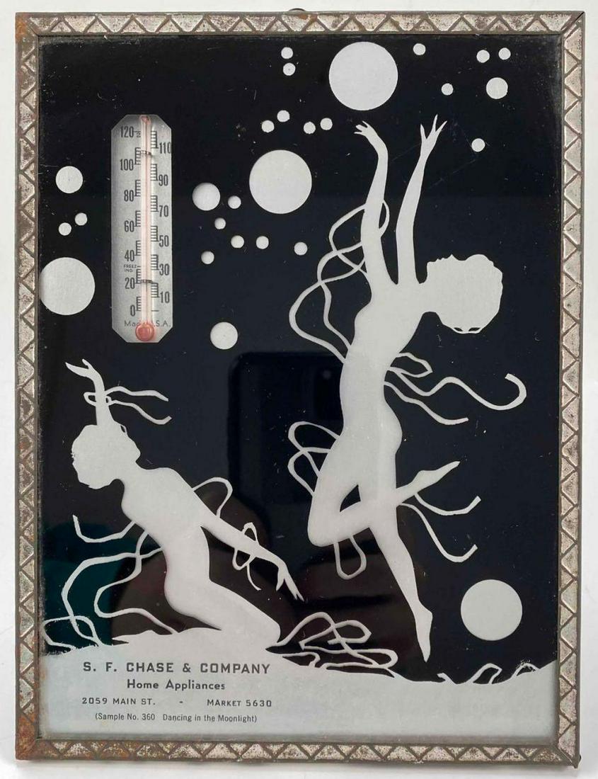 American Art Deco Silhouette Dancing Girls Glass Thermometer: S.F. Chase & Company American Art Deco Glass & Tin Thermometer. Two Nude Dancing Women or Flapper Girls in Silhouette With Floating Orbs and Ribbons. Marked S.F. Chase & Company Home Appliances, 2059 