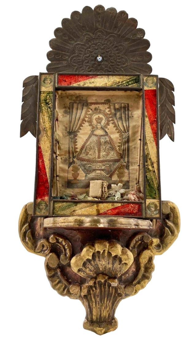 Spanish Colonial Tin Altar with Painted Gilt Wood Shelf (1 of 20)