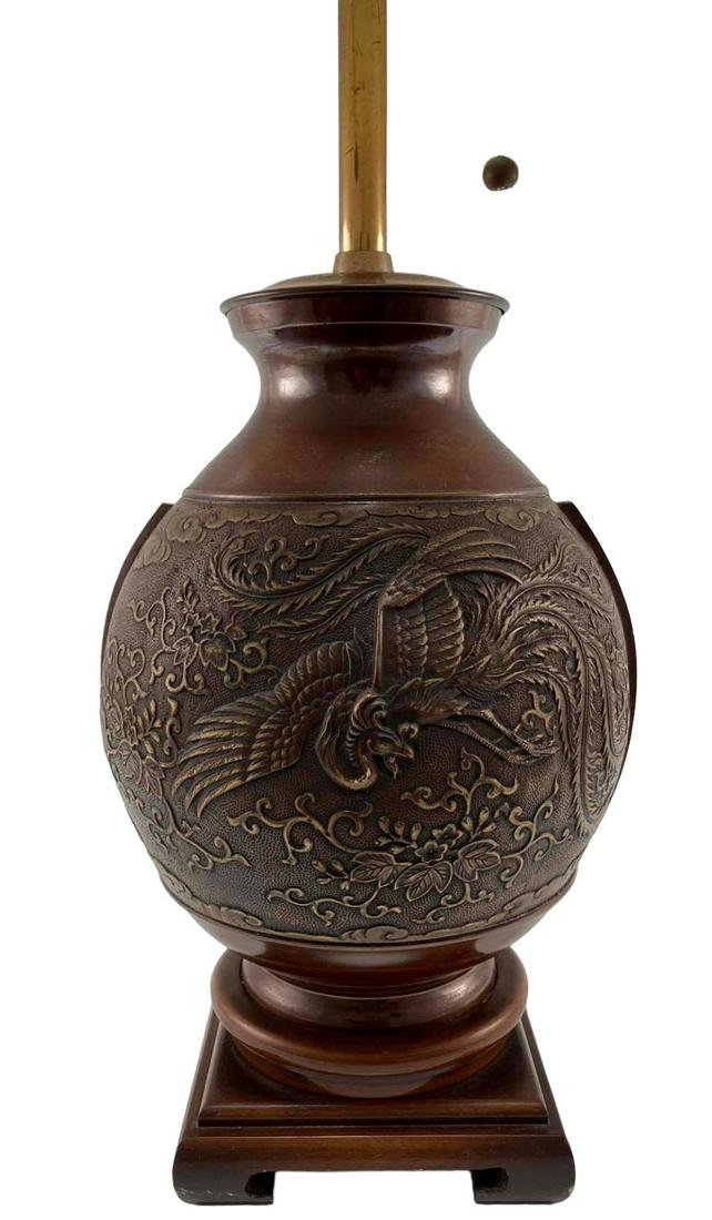Marbro Bronze Japanese Table Lamp, Phoenix Motif: Bronze Table Lamp With Phoenix Motif. Attached Tag Marked: "Marbro Lamp Co. Los Angeles, Cal." Approximately 27.0H x 8.25W in. Shade Approximately 10.5H x 12.875W in.