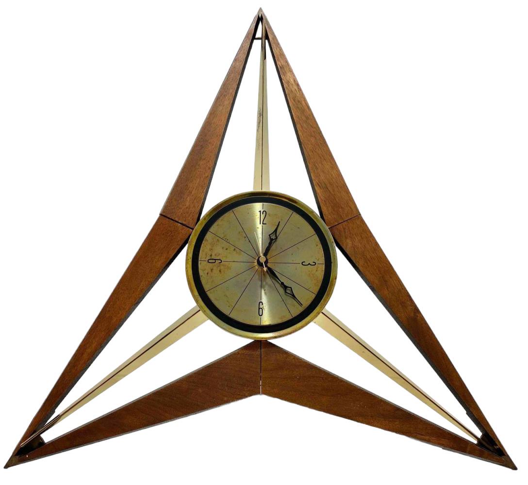Large Mid Century Modern Walnut and Brass Triangle Wall Clock (1 of 18)