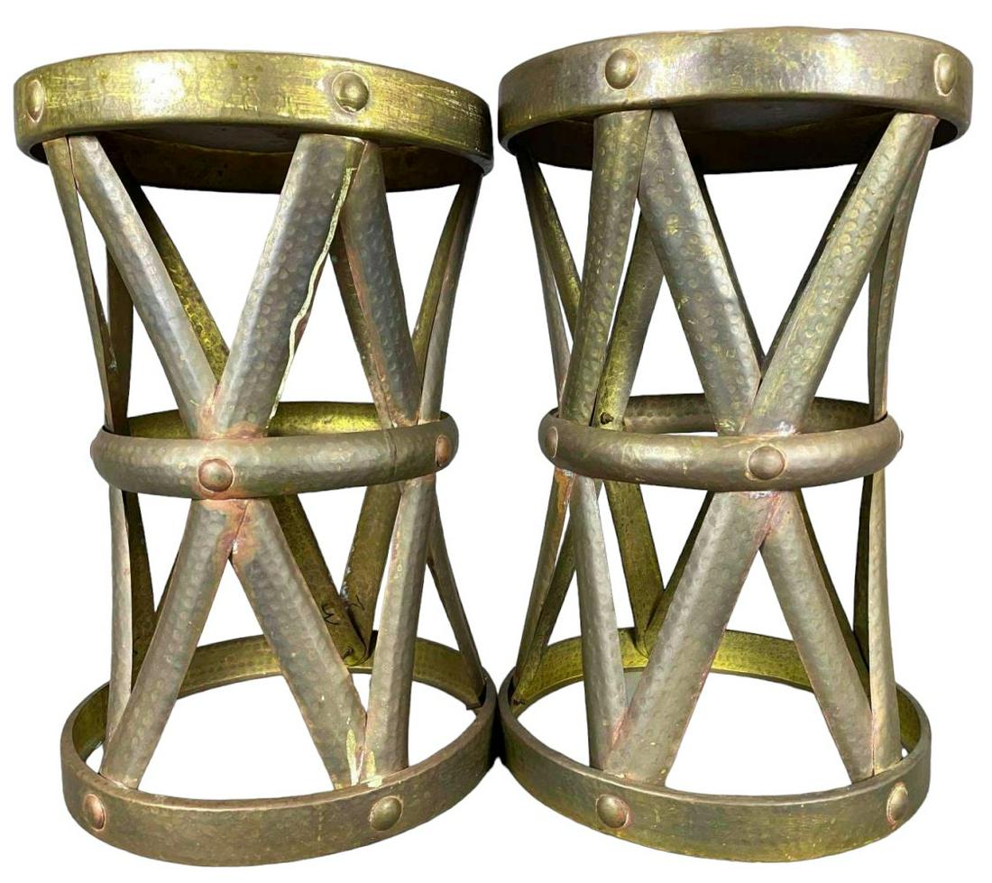 Pair of Sarreid Style Hammered Brass Corseted Stools (1 of 17)