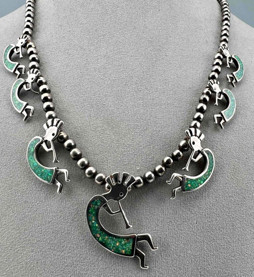 Native American Sterling Silver Kokopelli Dancer Necklace: Native American Sterling Silver Kokopelli Dancer Necklace 43.5g. Marked Sterling. Necklace Approximately 18.0in Long. Central Pendant Approximately 1.5L x 1.0W in. Earrings Approximately 0.875L x 0.75