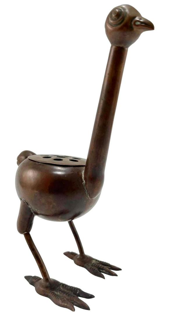 Copper Figural Ostrich Incense Burner: Copper Figural Ostrich Incense Burner. Approximately 10.625H x 8.125L x 4.125W in.