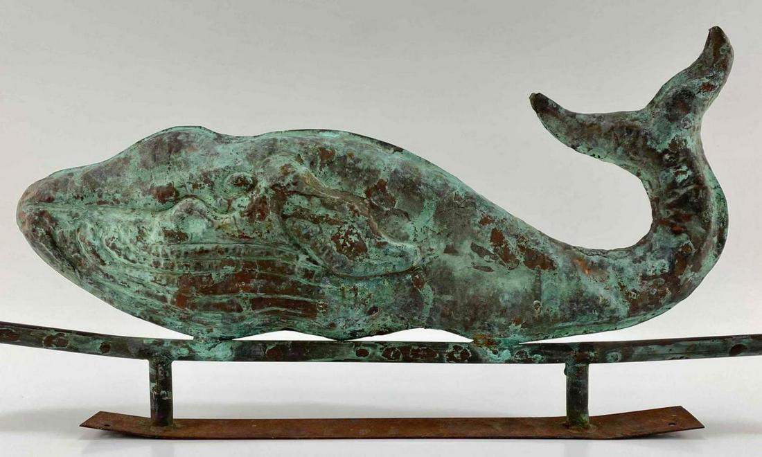 Older Pacific Northwest Copper Whale Weathervane: Copper Figural Whale Weather Vane Topper. Approximately 27.0L x 11.625H x 2.875W in.
