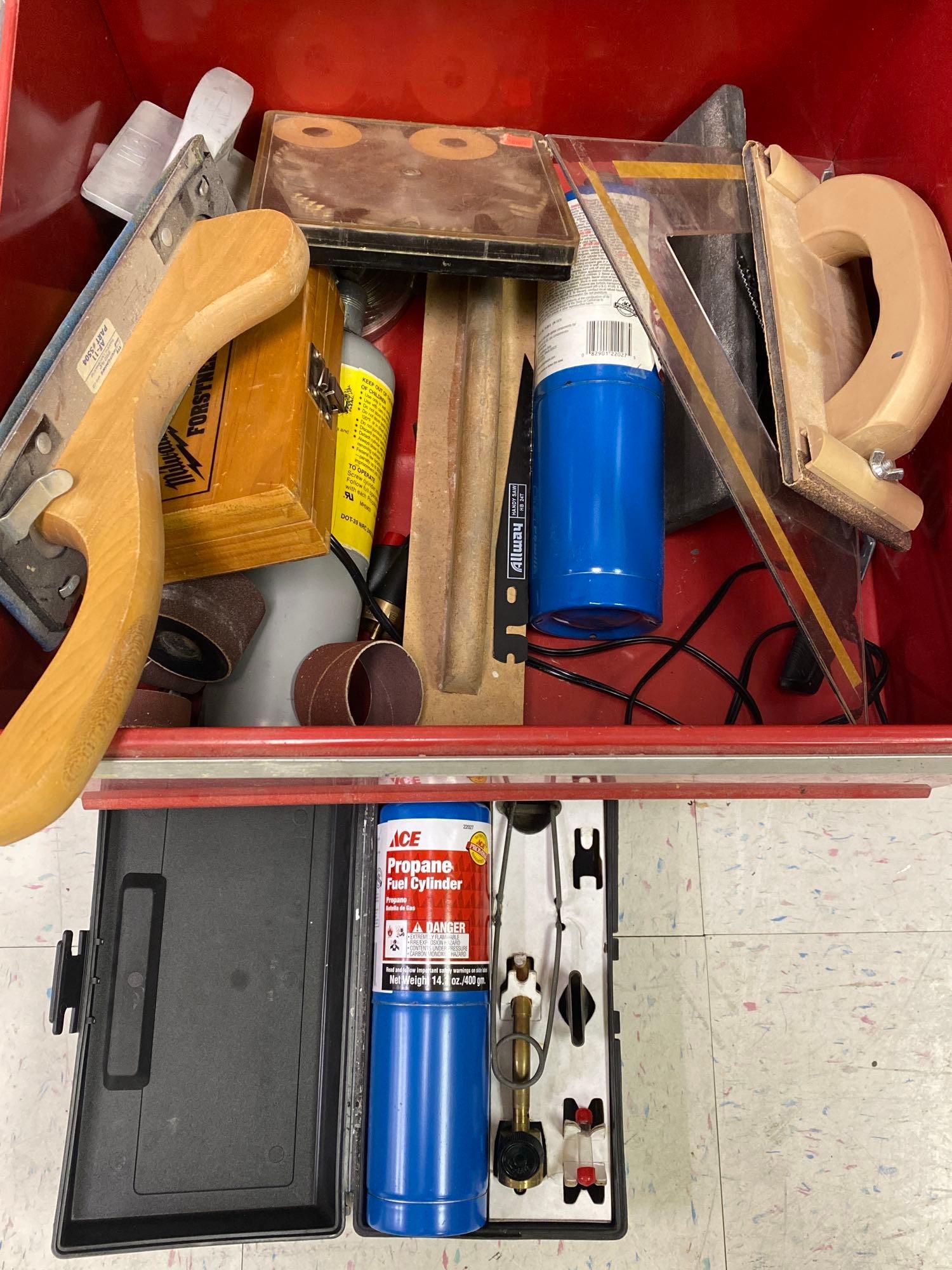 Drawer Of Propane, Tanks With Wagging Hearts, Sanders Drill, Bits, And More (1 of 5)