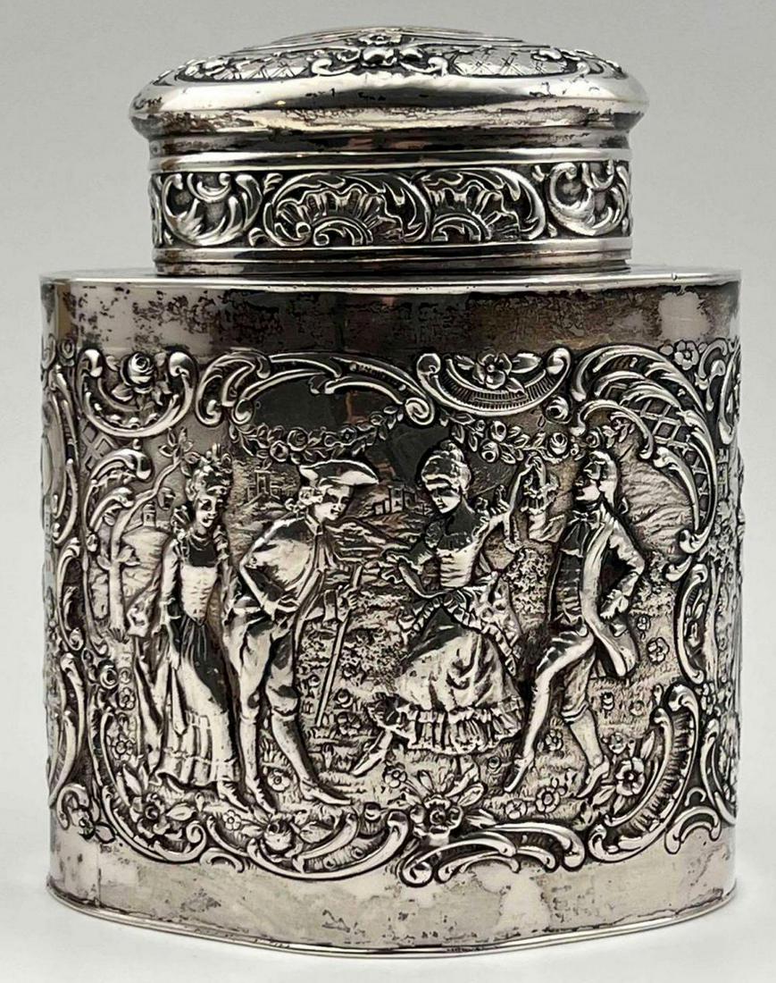 Swedish Silver Tea Caddy With Repousse Scenes Of Dancing Figures (1 of 12)