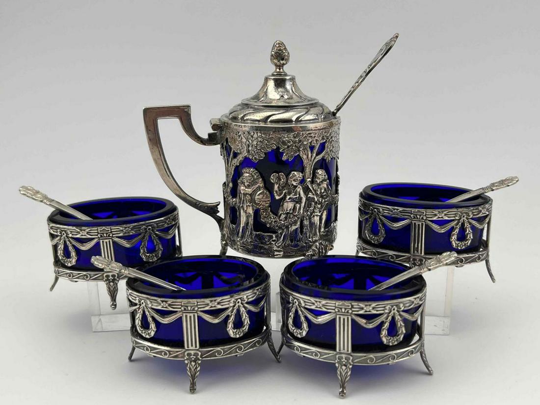 Antique Silver & Cobalt Blue Glass Salt Cellar Set & Mustard Server (1 of 20)