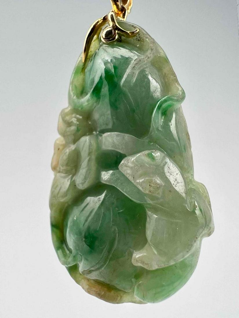 14K Carved Jade Pendant With Cat & Bat Design: 14K Carved Jade Pendant With Cat & Bat Design, 13.9g. Marked 585. Approximately 1.5L x 0.875W x 0.25D in. ALL CREDIT CARDS WILL BE MANUALLY VERIFIED PRIOR TO SHIPMENT.