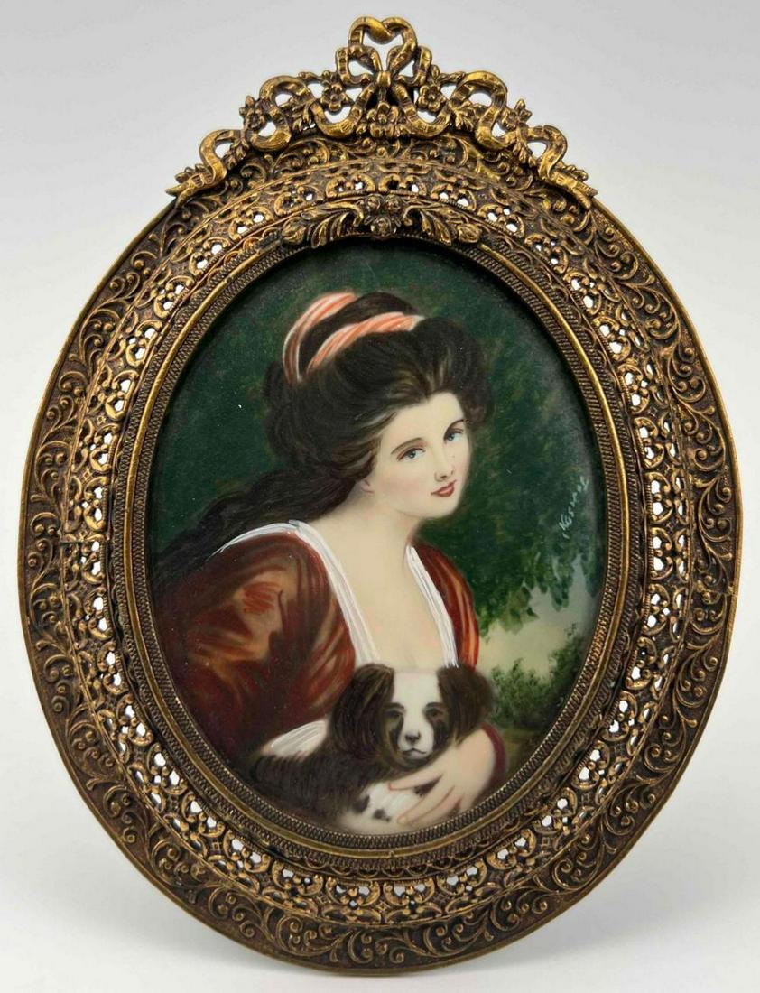Portrait Miniature Of Woman With Dog In Ornate Brass Frame (1 of 14)
