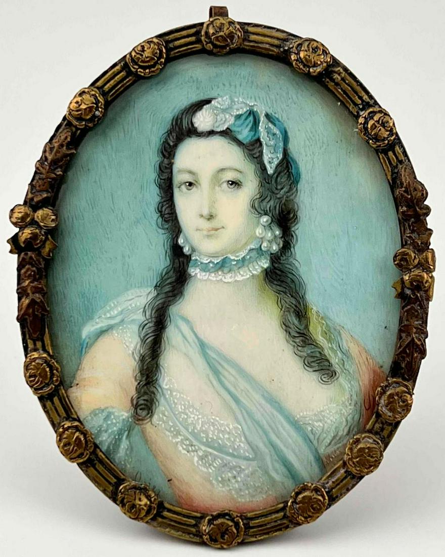 Antique Hand Painted Miniature Portrait Of Woman In Brass Frame (1 of 13)
