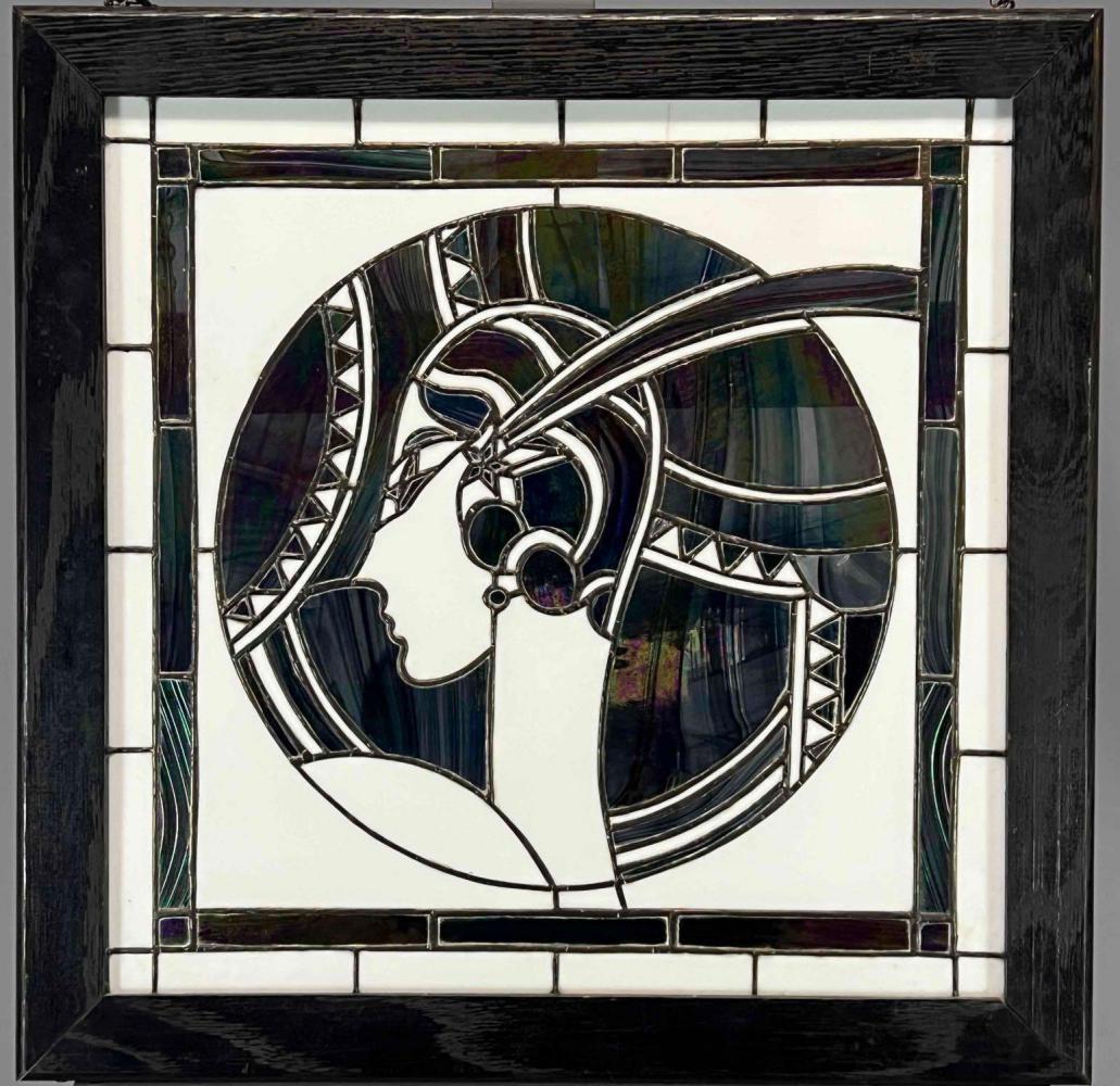 Exceptional Stained Glass Art Deco Flapper Girl Portrait Panel (1 of 18)