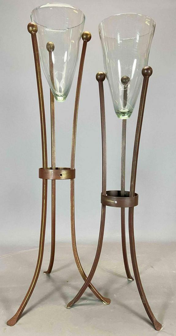 Pair of Mexican Designer Handblown Glass Vases in Gilt Wrought Iron Floor Stands, Amparo Taylor (1 of 20)