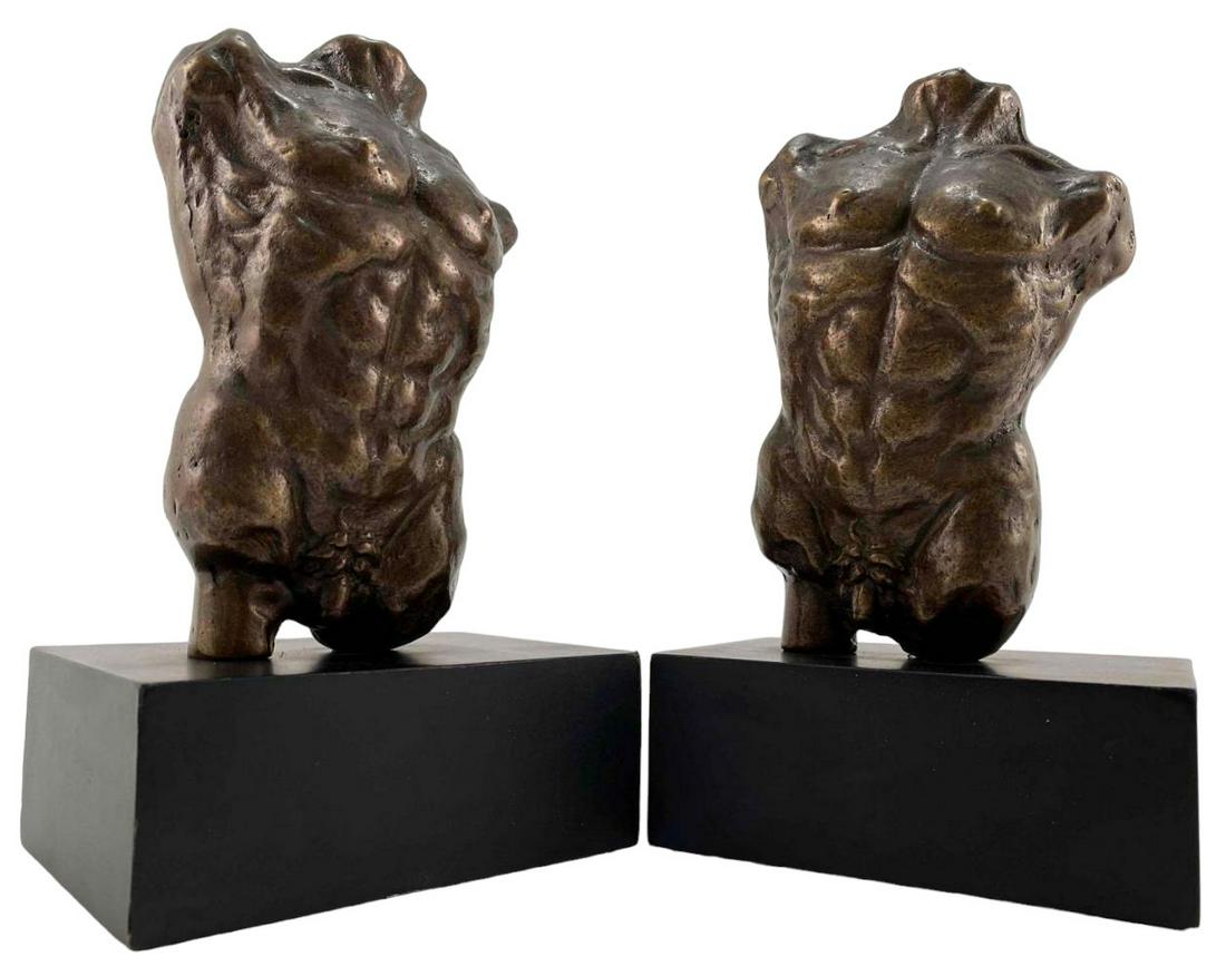 Pair of Bronze Nude Male Torso Sculptures: Pair Of Bronze Nude Male Torso Sculptures, Possibly Bookends. Each Approximately 8.75H x 5.125W x 3.75D in. with base. Each Approximately 6.625H x 4.125W x 2.5D in. without bases.