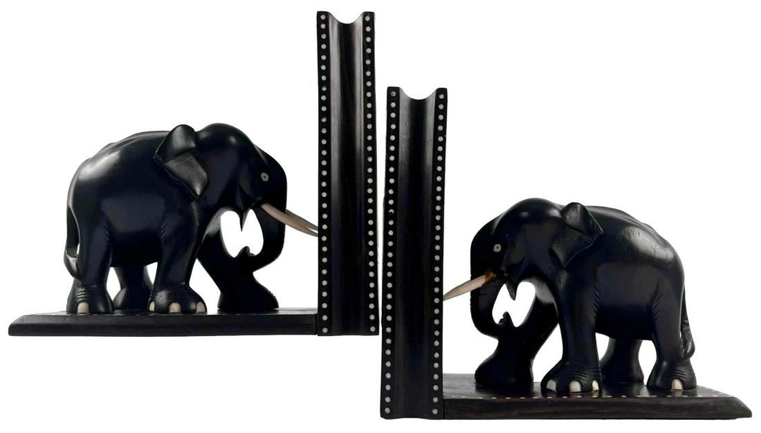 Pair of Carved Wooden Elephant Bookends (1 of 15)