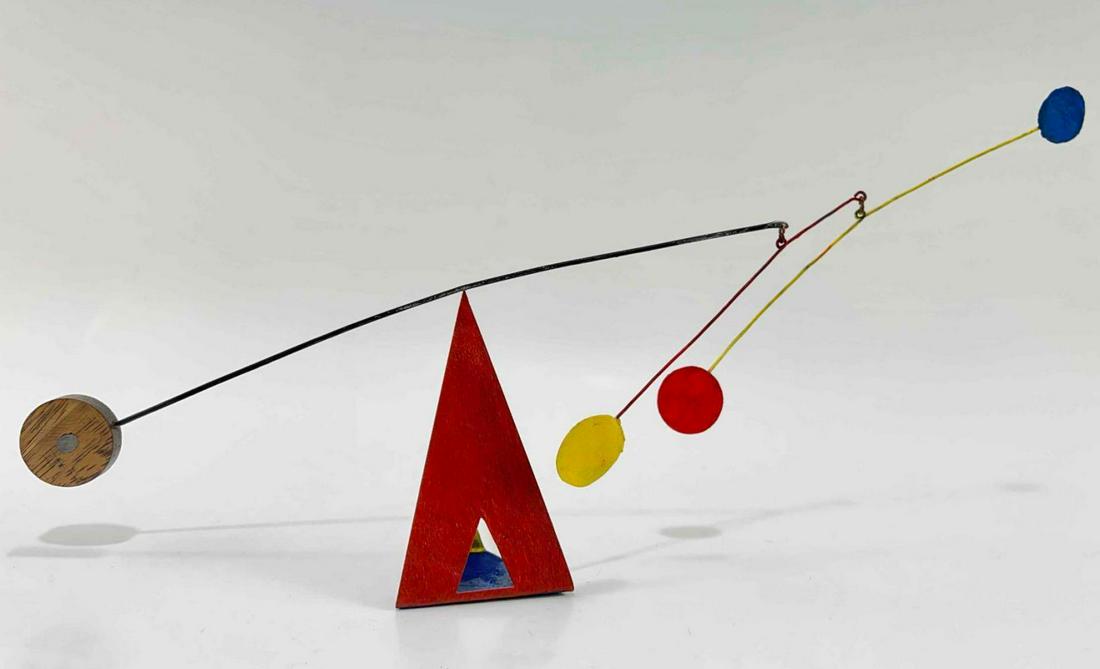 Modern Painted Stabile Mobile: Modernist Hand Painted Iron Mobile Sculpture. Signed SR. Approximately 12.125L x 8.875W x 4.5H in.