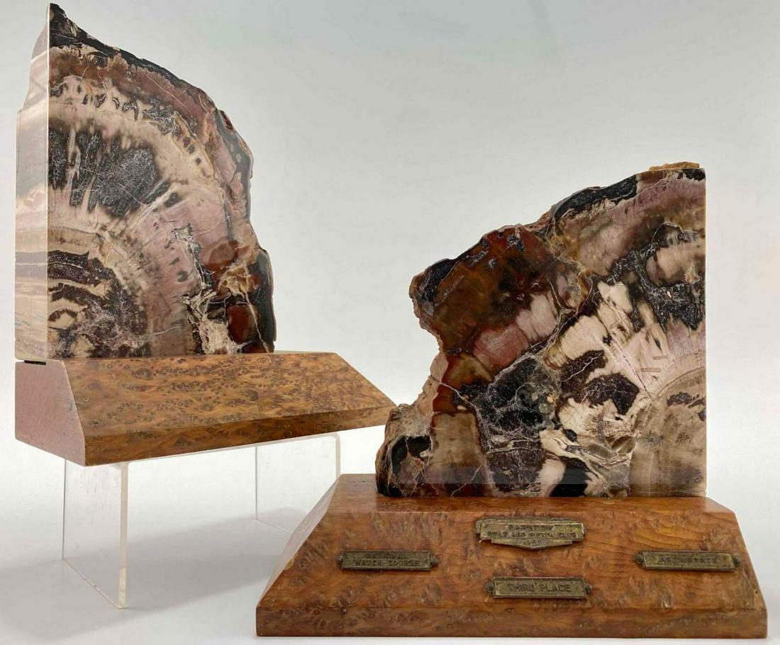 California Mid Century Petrified Wood and Burl Wood Trophy Bookends: 1957 Barstow Rifle & Pistol Club Petrified Wood And Burl Sharpshooter Trophy. Marked: "Barstow Rifle And Pistol Club 1957, Third Place, National Match Course, Aggregate, Utah Petrified Wood." Approxim