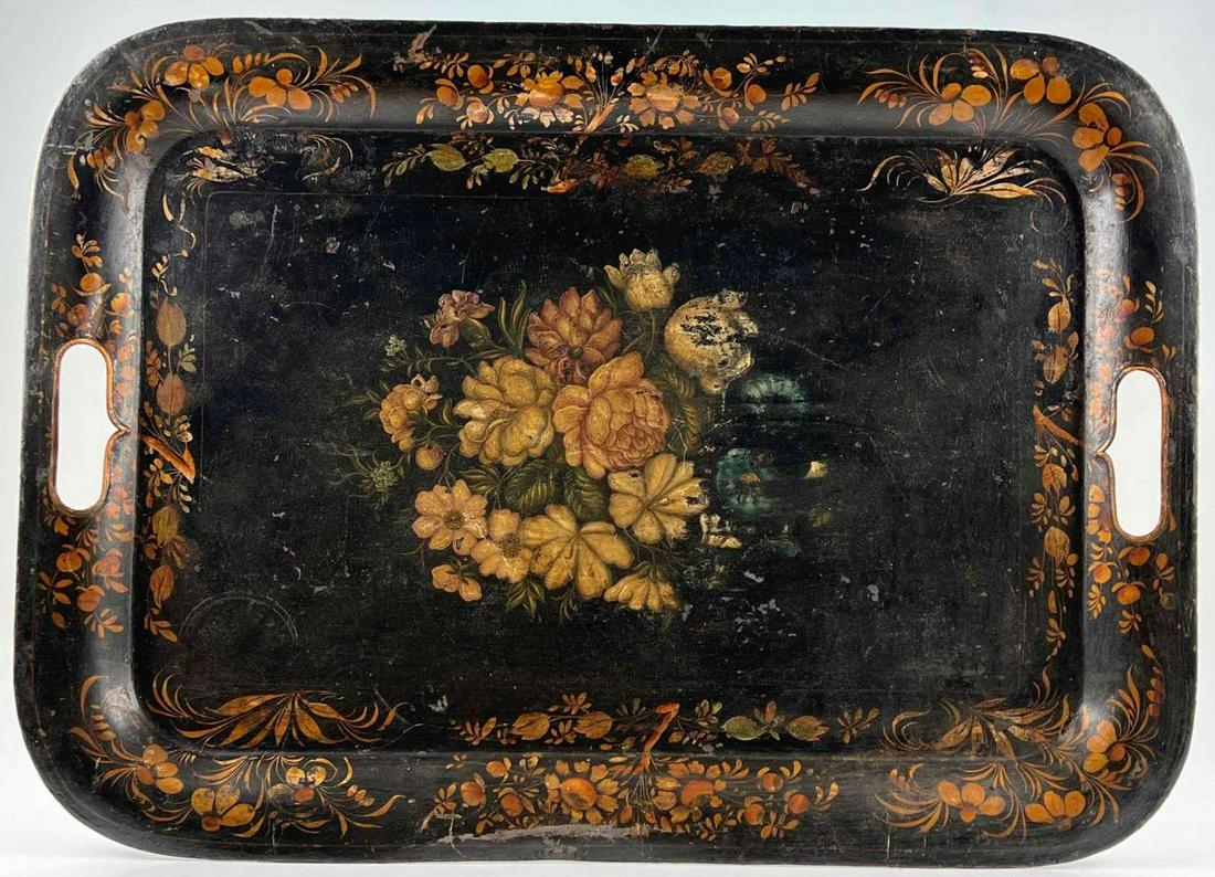 Antique Tole Painted Metal Tray, Floral Designs (1 of 17)