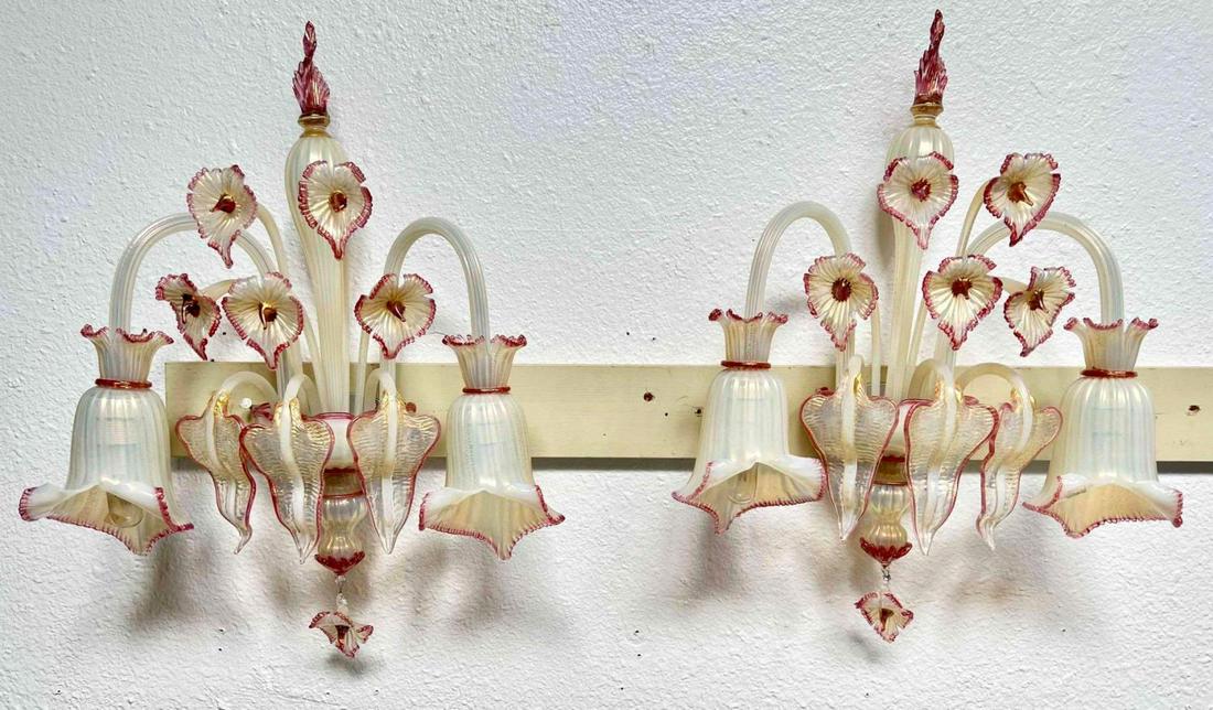 Pair of Pink and White Lilly Murano Art Glass Wall Sconces (1 of 16)