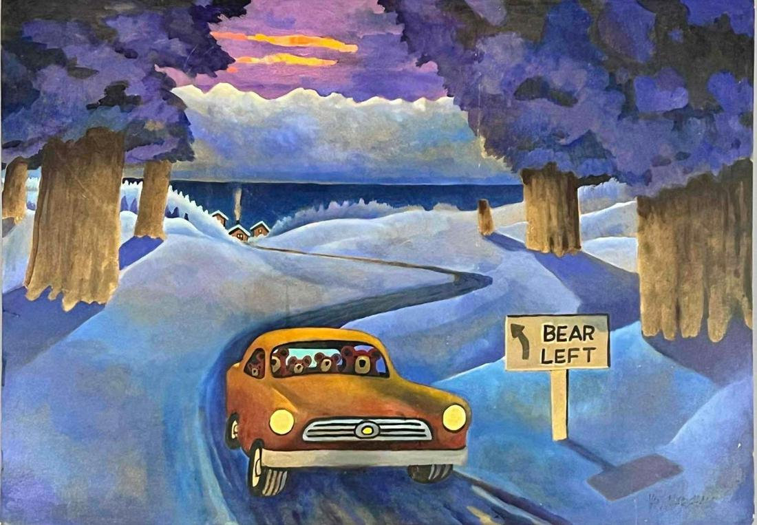 Van Marshall, Bear Left, Lake Tahoe California Folk Art: Van Marshall, Bear Left, Lake Tahoe California Folk Art, Oil On Board. Approximately 34.375W x 24.375H in.