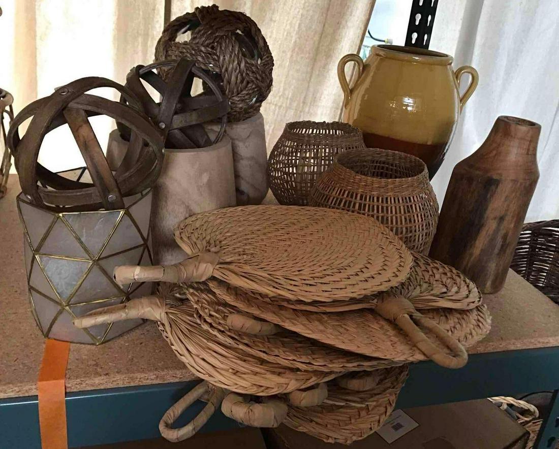 No Shipping  Lot Of Decorative Items Including Planters Lanterns And Woven Fans (1 of 4)