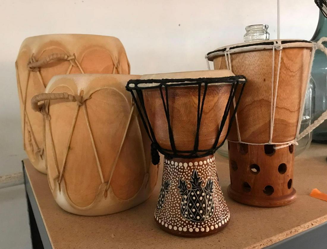 No Shipping  Four Wood & Hide Drums (1 of 5)