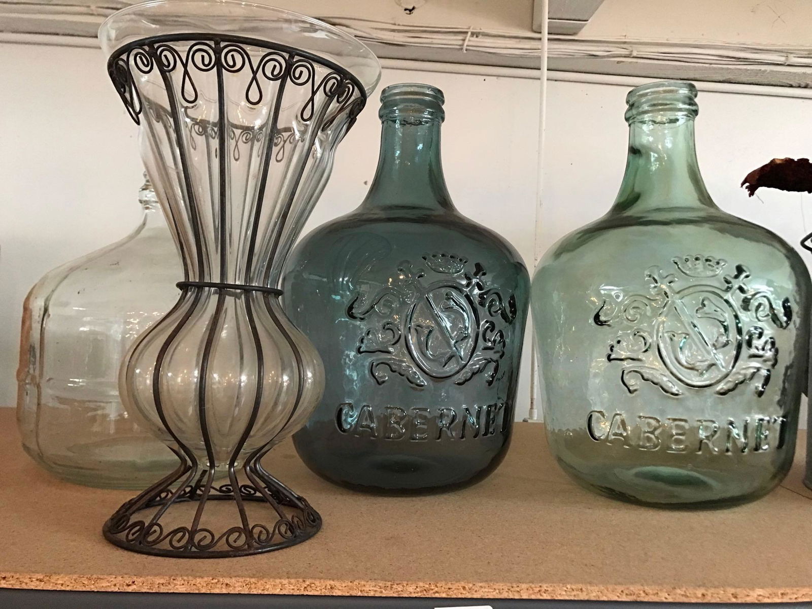 No Shipping  Three Large Glass Bottles & Wire Wrapped Vase (1 of 5)