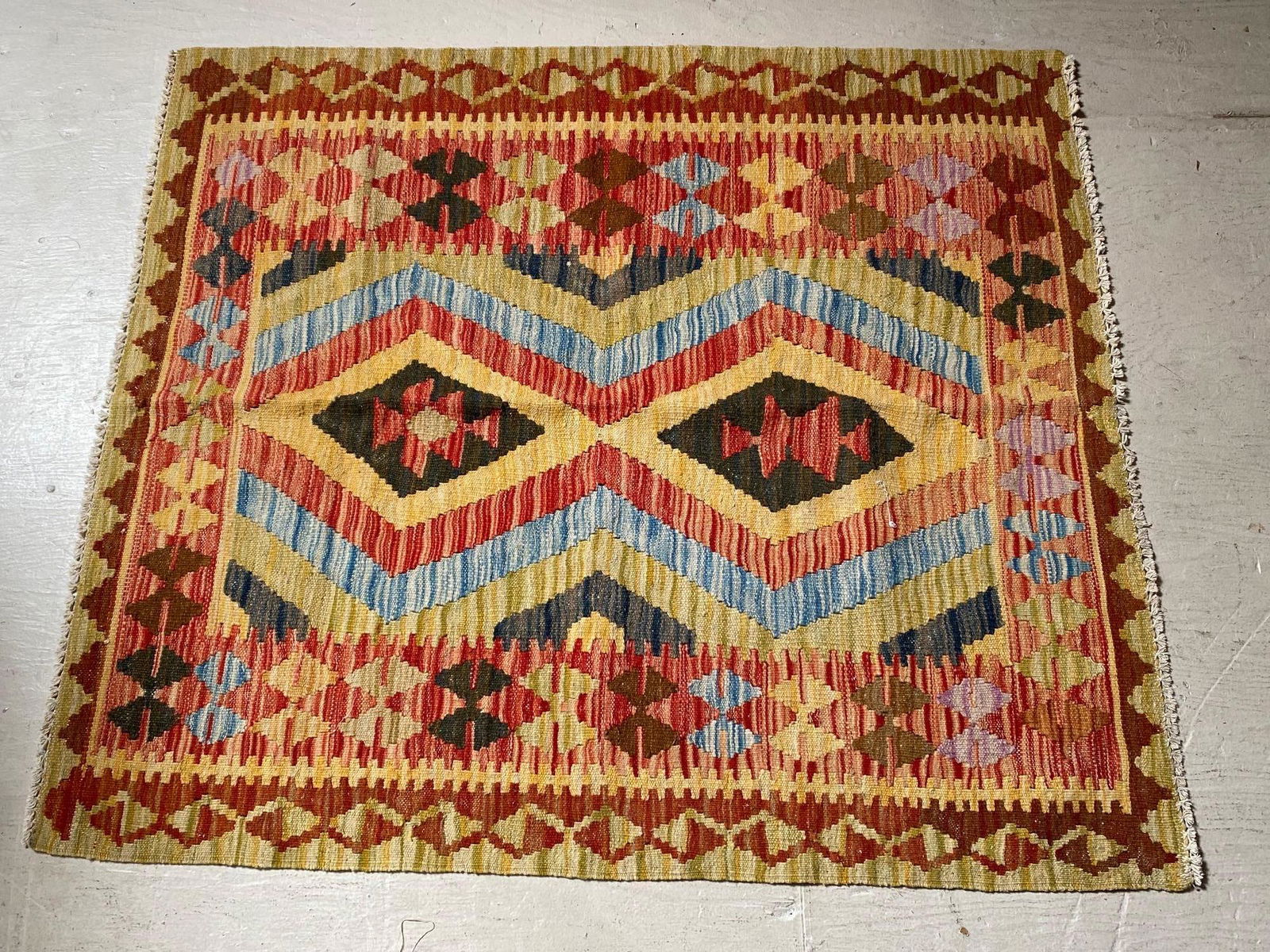 No Shipping  Colorful Flat Weave Rug Approximately 3.5" X 3" (1 of 3)