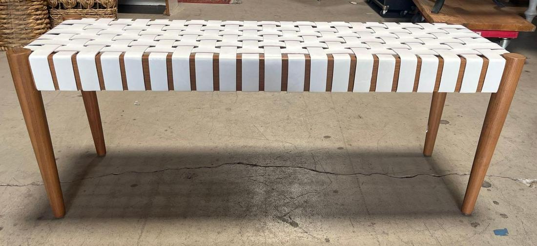 No Shipping  Wooden Bench With White Woven Seat (1 of 4)