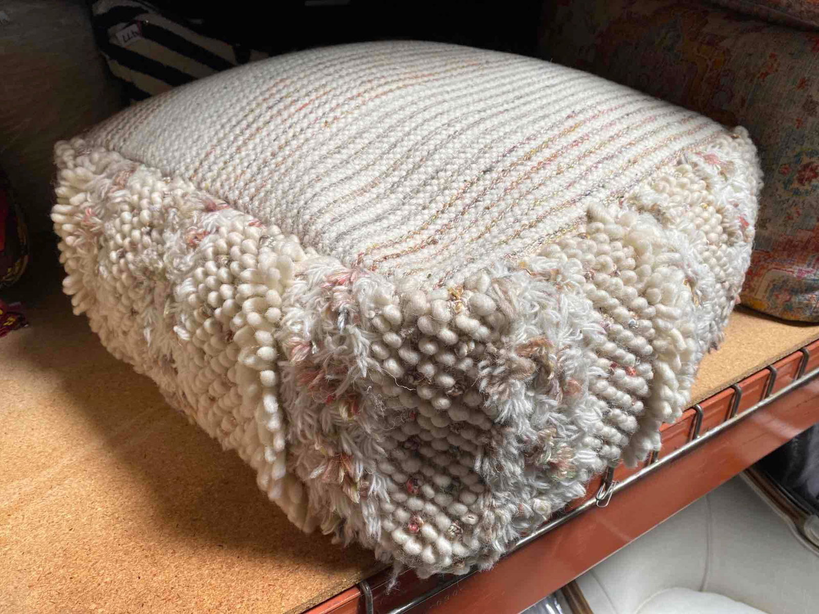 No Shipping Off White & Multicolored Wool Pouf: LOCAL PICK UP ONLY, WESTSIDE SANTA CRUZ, 95060 LOCAL PICK UP ONLY, WESTSIDE SANTA CRUZ, 95484 NO SHIPPING, Off White & Multicolored Wool Pouf NO SHIPPING AVAILABLE All items sold as is where is. There