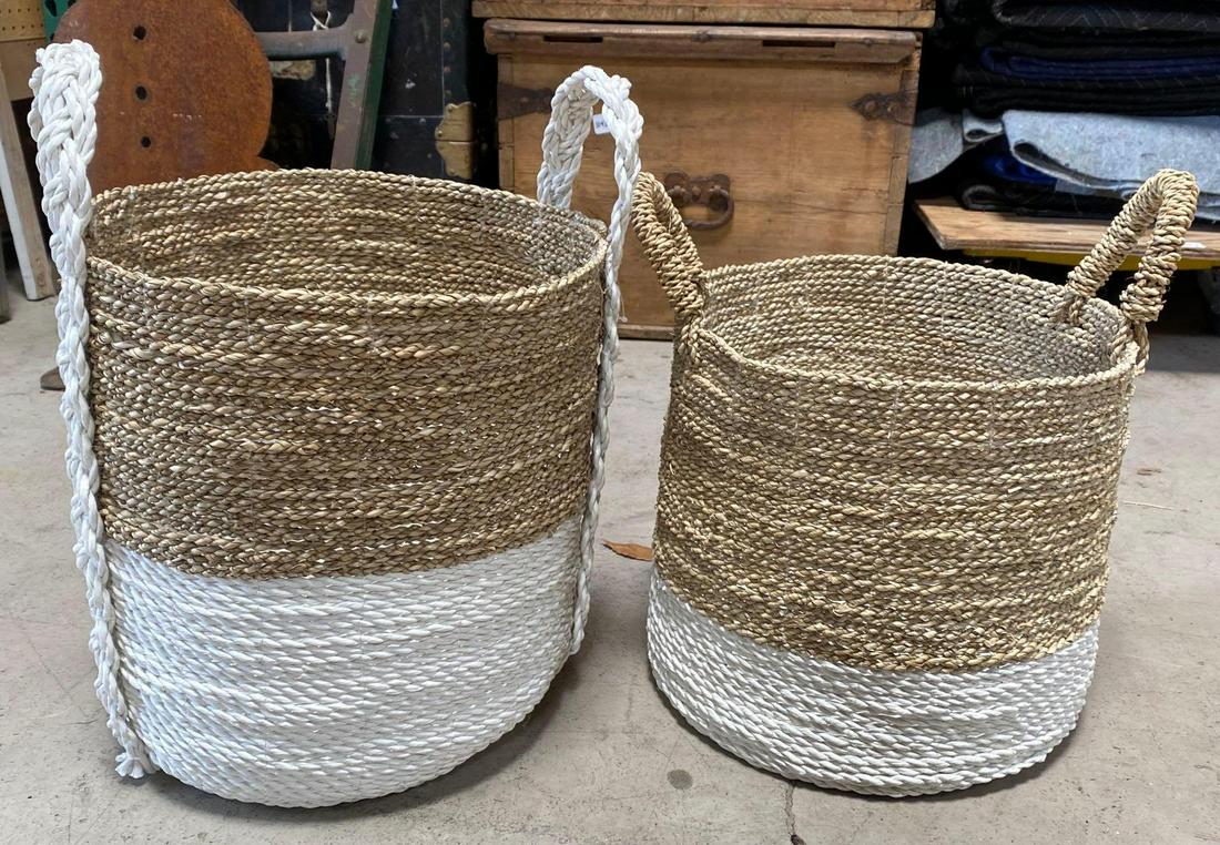 No Shipping   2 Tan & White Baskets (1 of 5)