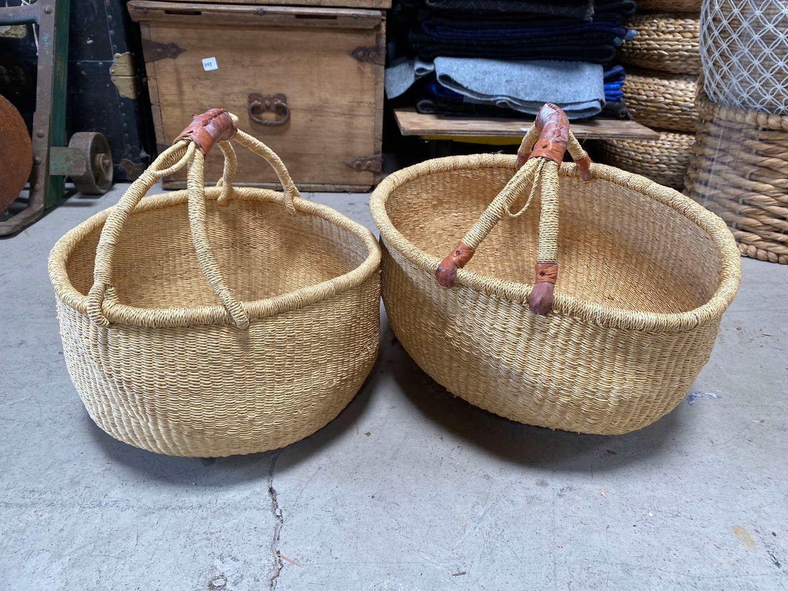 No Shipping 2 Shopping Baskets With Leather Handles: LOCAL PICK UP ONLY, WESTSIDE SANTA CRUZ, 95060 LOCAL PICK UP ONLY, WESTSIDE SANTA CRUZ, 95800 NO SHIPPING, 2 Shopping Baskets With Leather Handles NO SHIPPING AVAILABLE All items sold as is where is. 