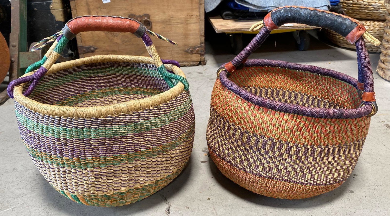 No Shipping 2 Colorful Shopping Baskets With Leather Handles: LOCAL PICK UP ONLY, WESTSIDE SANTA CRUZ, 95060 LOCAL PICK UP ONLY, WESTSIDE SANTA CRUZ, 95801 NO SHIPPING, 2 Colorful Shopping Baskets With Leather Handles NO SHIPPING AVAILABLE All items sold as is w