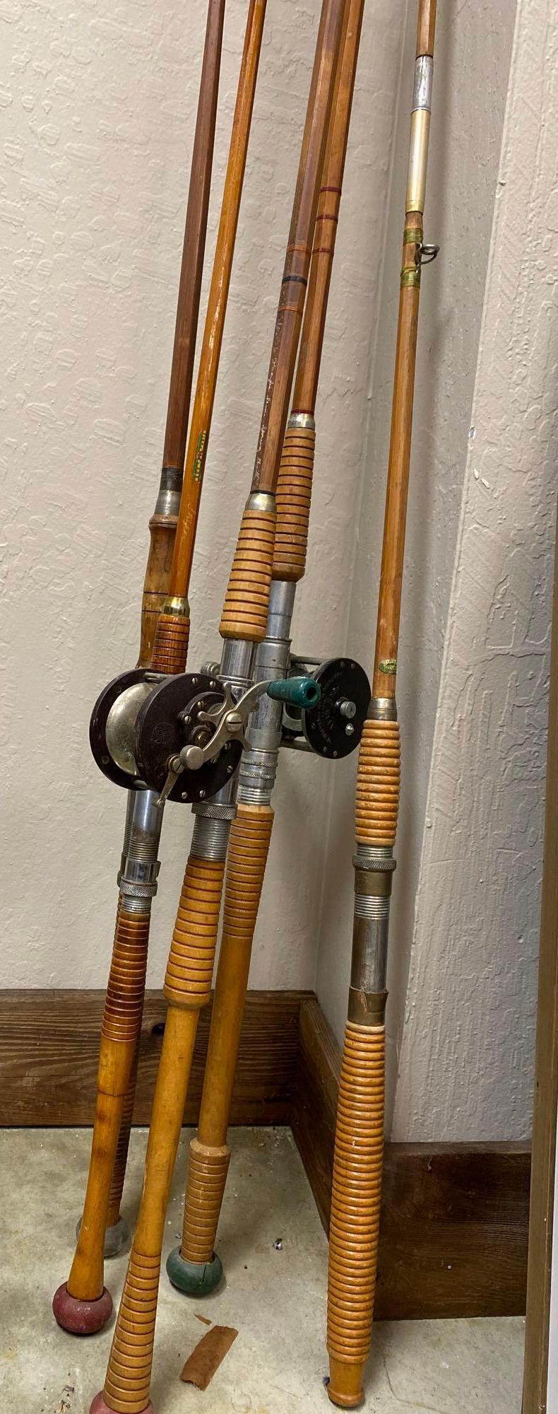 No Shipping  5 Vintage Cane Rod Fishing Poles, 2 With Reels (1 of 13)