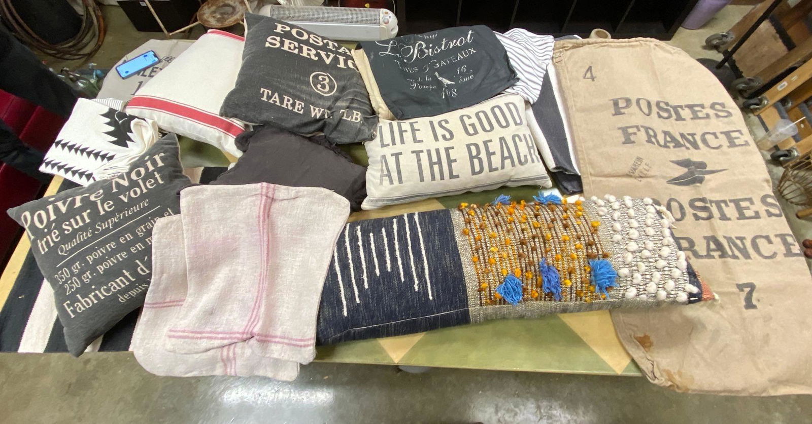 No Shipping  Lot Of Throw Pillows, French Mail Bag, Runner Rug And Linens (1 of 9)