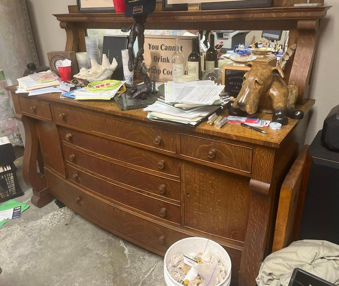 No Shipping  Antique Wooden Buffet With Drawers, Cabinets And A Mirror. (1 of 2)