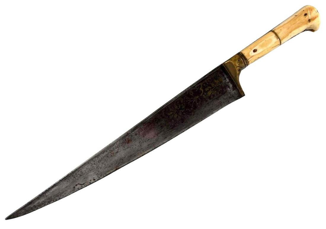 Large Hand Forged Chef Knife With Bone Handle: Large Hand Forged Chef Knife With Bone Handle. Approximately 19.875L x 2.125W x 1.125D in. Blade Approximately 14.625L x 2.125W in.