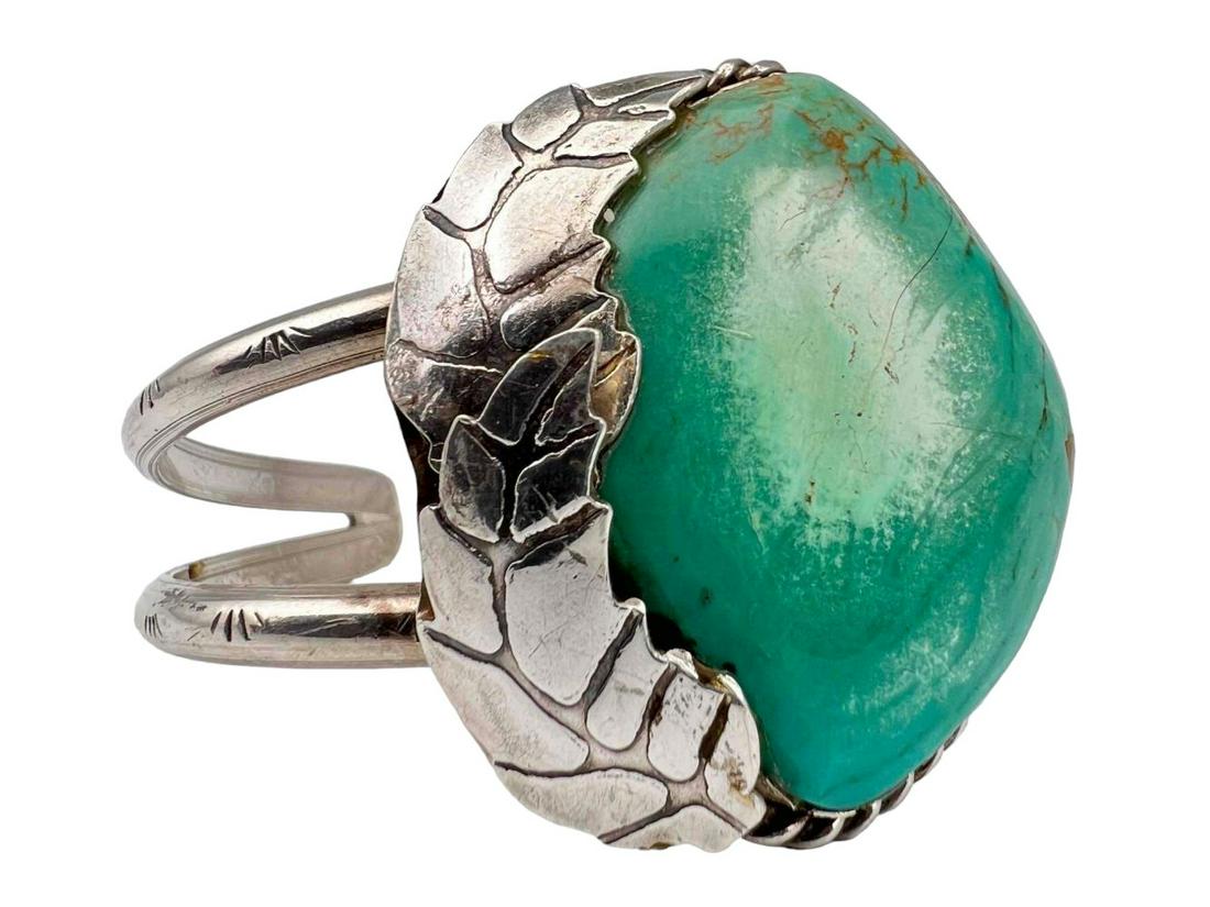 Native American Sterling Silver Turquoise Cuff Bracelet With Tobacco Leaf Design (1 of 7)