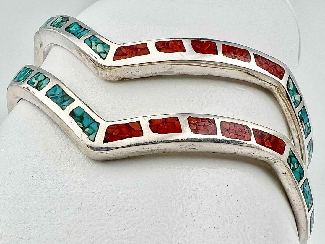 Pair Of Native American Turquoise & Coral Inlay Bracelets (1 of 6)