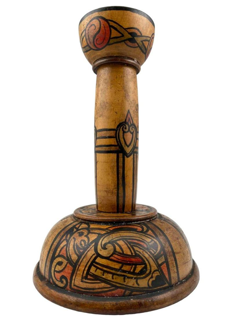 Irish Arts & Crafts Wooden Candlestick: Irish Arts & Crafts Wooden Candlestick. Marked "Clyda Studio Dublin." Approximately 8.875H x 5.875W in.