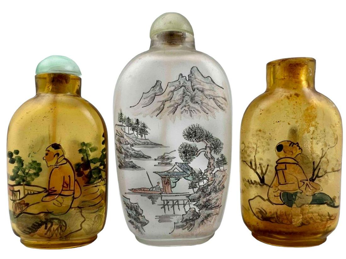 3 Hand Painted Chinese Snuff Bottles: 3 Hand Painted Chinese Snuff Bottles. Largest Approximately 3.25H x 1.75W x 0.875D in. Smaller With Cap Approximately 2.75H x 1.375W x 0.625D in. Smallest Approximately 2.625H x 1.375W x 0.625D in. Pl