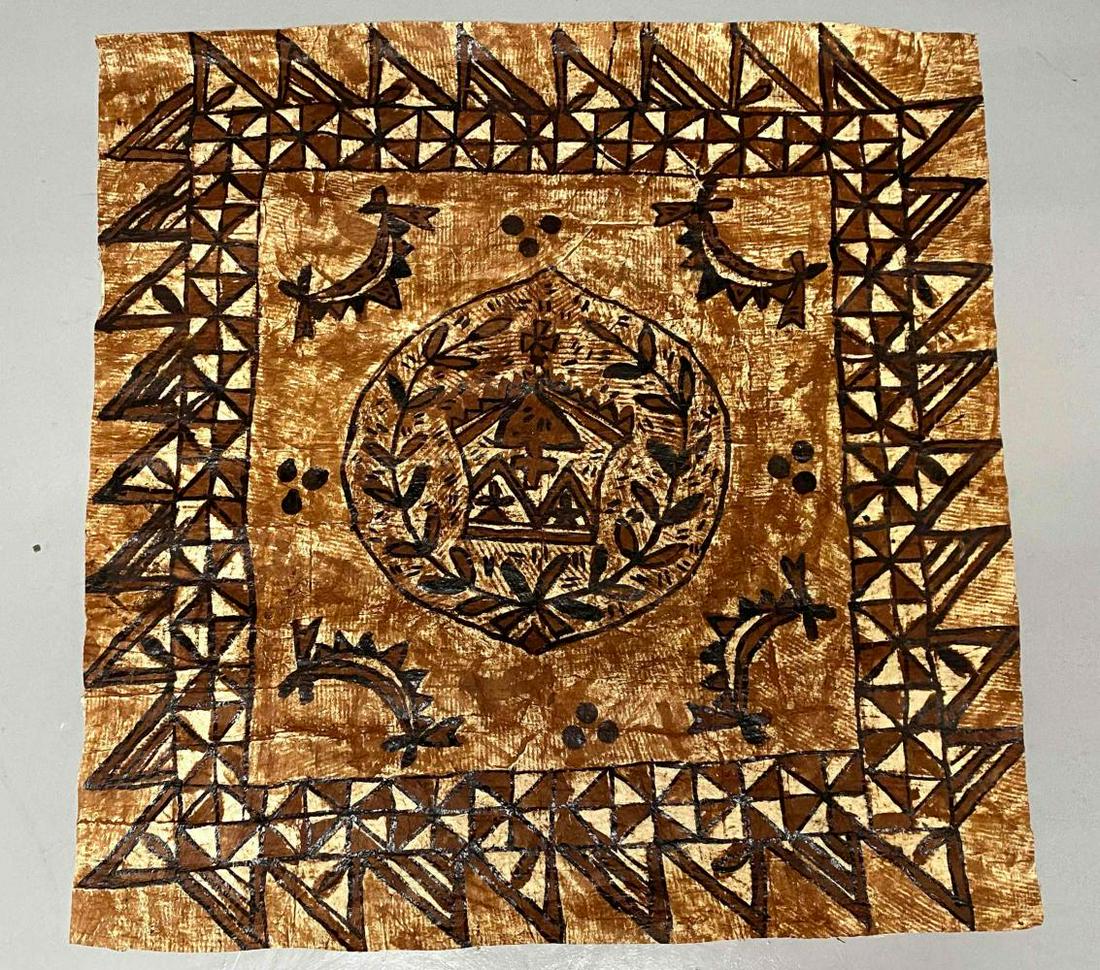 Tongan Tapa Cloth Panel: Tongan Tapa Cloth Panel With Crown Motif. Approximately 45.0L x 43.75W in.