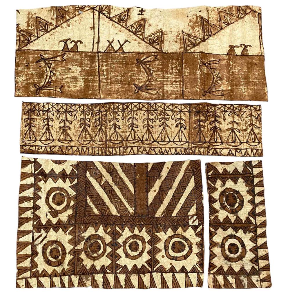 Group Of Tongan Tapa Cloth Panels: Group Of Tongan Tapa Cloth Panels. Largest Approximately 54.25L x 21.25W in. Smallest Approximately 26.0L x 12.75W in.