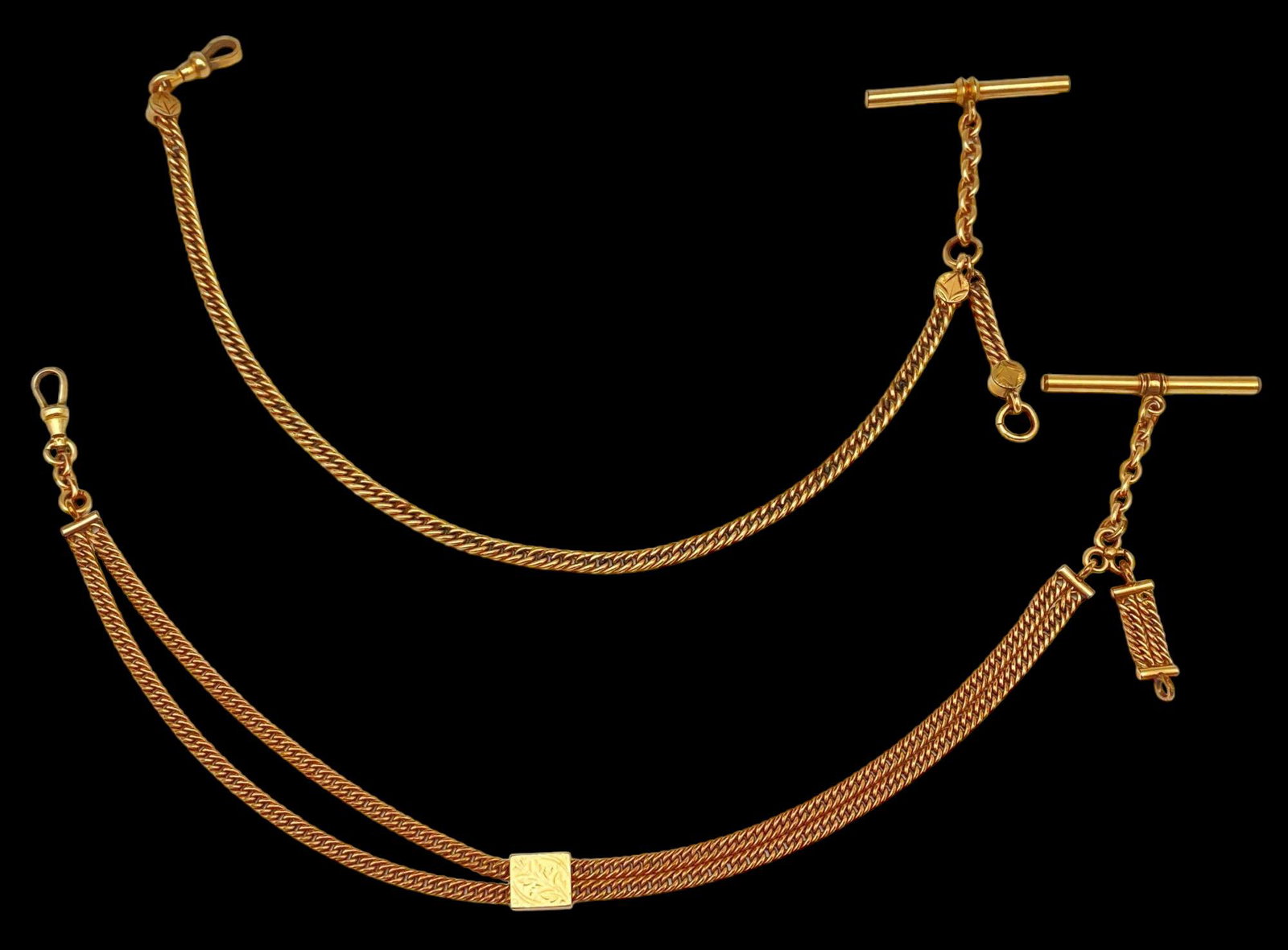 2 Older Gold Filled Watch Fobs: 2 Older 12k Gold Filled Watch Fobs. One Piece Marked BAB 1/20-12KT. 47.5g. Longer Piece Approximately 13 in. Shorter Piece Approximately 12.5625 in. ALL CREDIT CARDS WILL BE MANUALLY VERIFIED PRIOR TO
