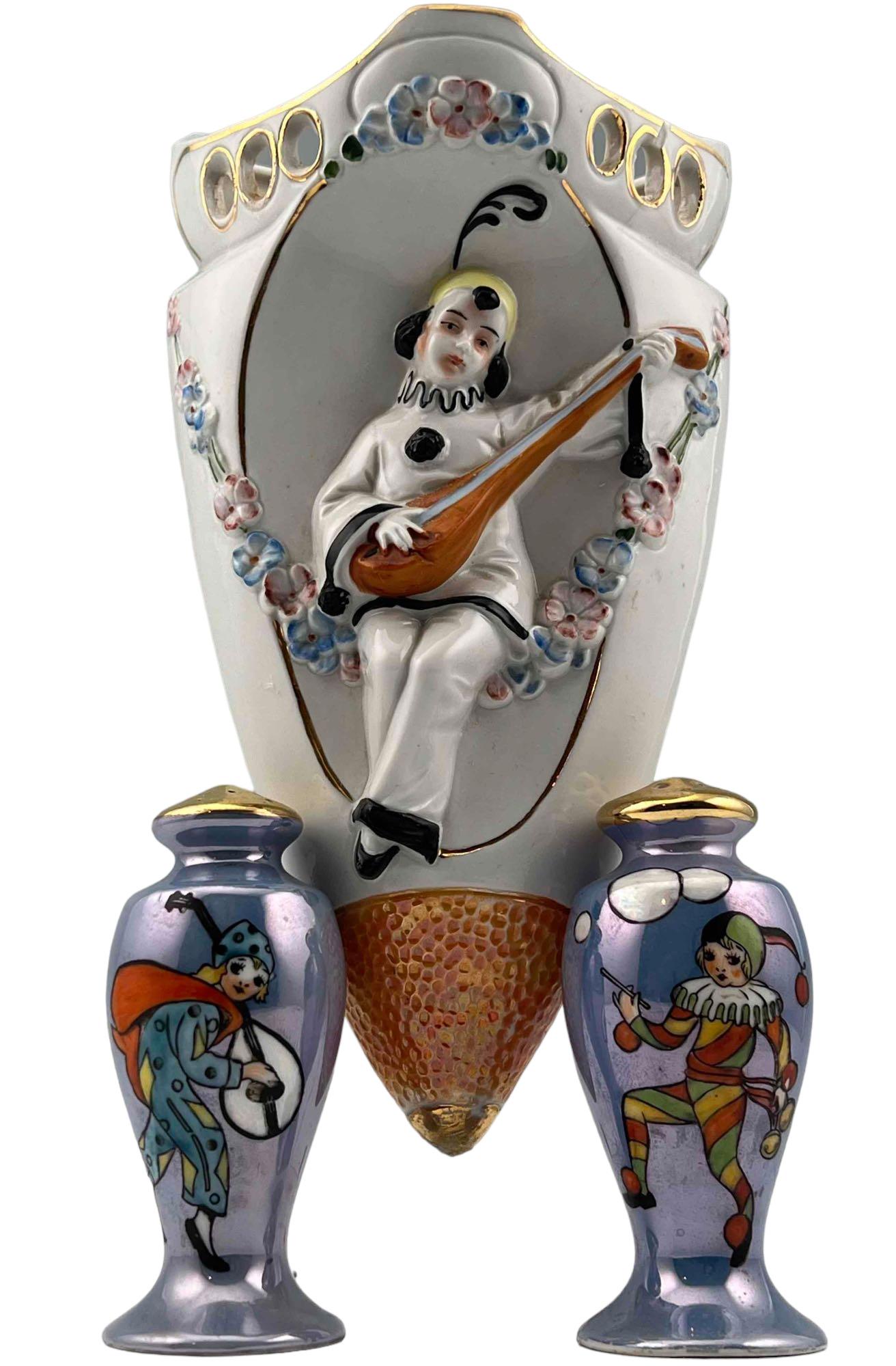 Hand Painted Porcelain Harlequin Wall Pocket And Salt & Pepper Shakers (1 of 14)