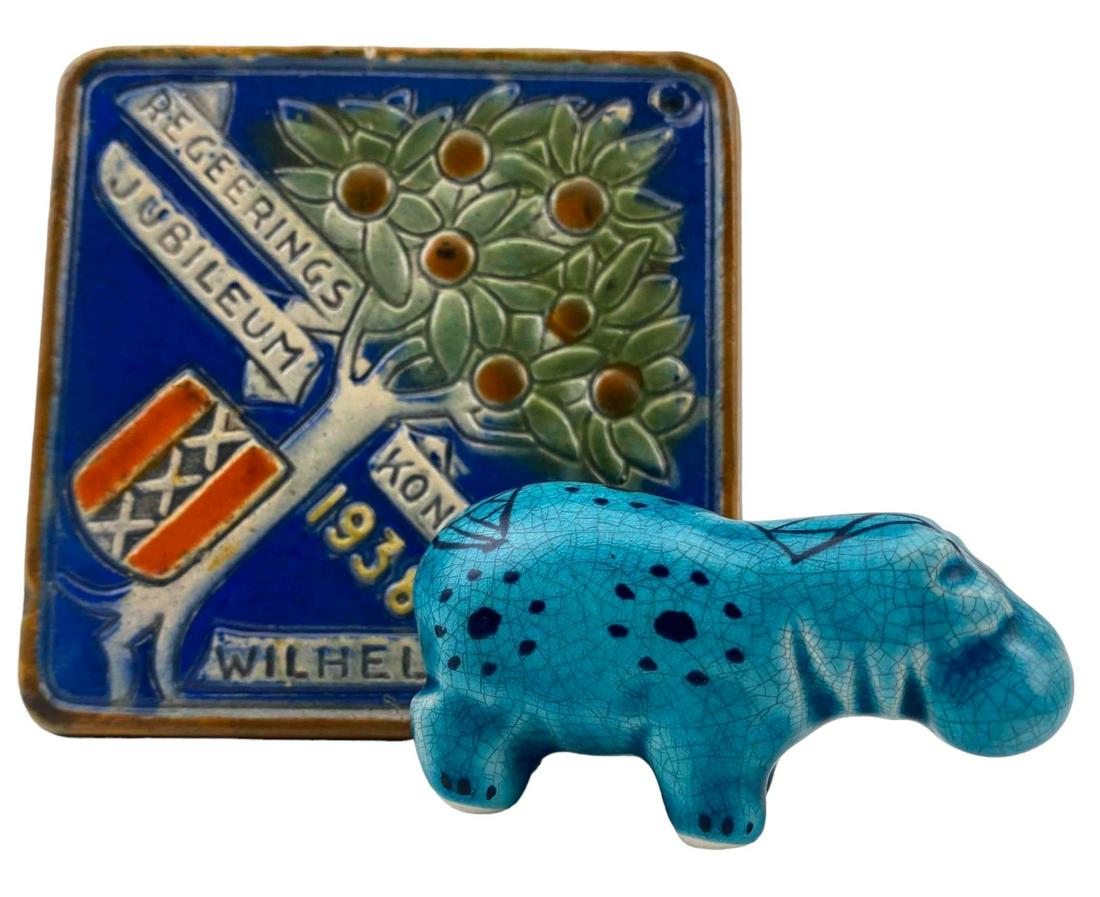 Italian Ceramic Hippo and Dutch Pottery Tile (1 of 11)
