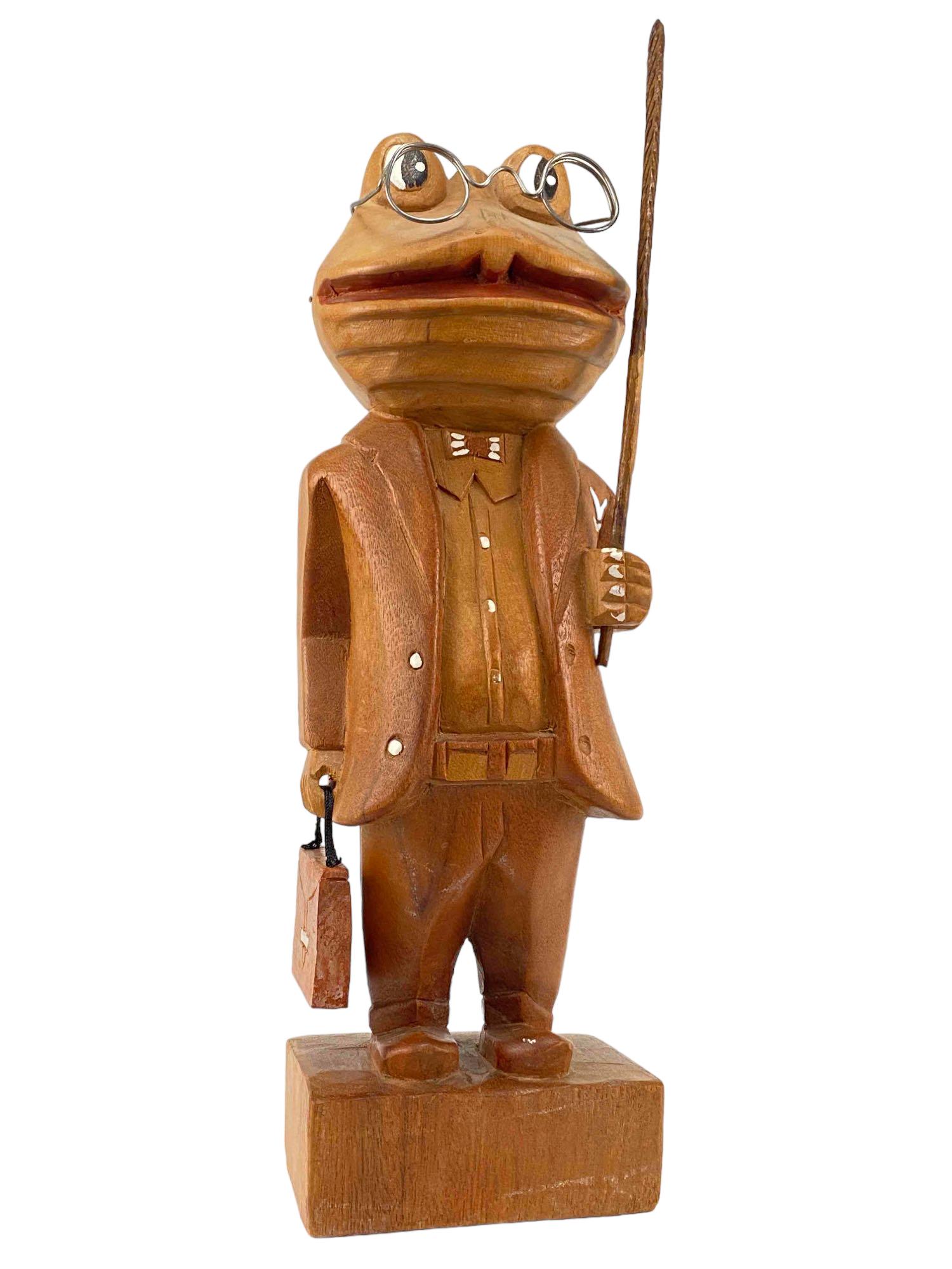 Folk Art Wood Carving, Professor Frog: Folk art carved wooden Professor Frog figure or sculpture, rare to see with original accessories. 14.5H. x 4.625W x 3.5D in.
